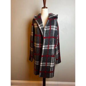 Women's TAHARI Plaid Hooded sweater preppy designer mod coat S Gray Red